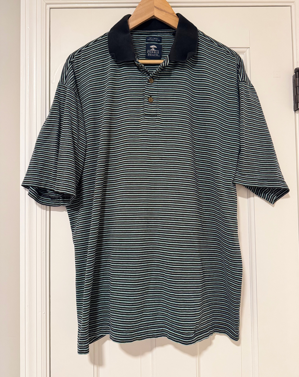 Pebble Beach Mens Large Mercerized Cotton Black & Mint Striped Golf Polo Shirt